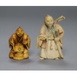 Two Japanese ivory netsuke of a Samurai and a man with a pot