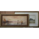 Helen Nield, watercolour, Off Venice, signed and dated 1909, 28 x 74cm and a watercolour landscape