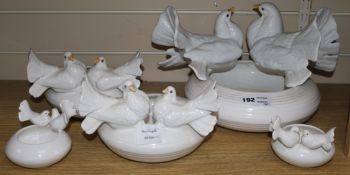 Five South American white glaze 'dove' bowls longest 35cm