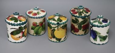 Five various fruit pattern preserve jars and covers tallest 12cm