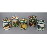 Five various fruit pattern preserve jars and covers tallest 12cm