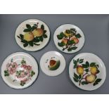 Five Wemyss plates; apple (2) Seville Orange, apple blossom and beehive patterns diameter 21cm