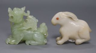A Chinese white stone figure of a rabbit and a bowenite jade lion-dog tallest 7cm