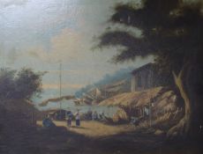 19th century Anglo-Chinese School, River landscape with a settlement and figures in the