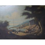19th century Anglo-Chinese School, River landscape with a settlement and figures in the