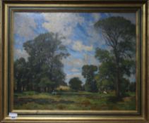 Charles H. H. Burleigh, oil on canvas, figure and cattle in a meadow, signed, 60 x 75cm