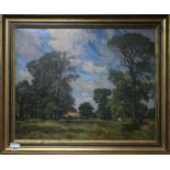 Charles H. H. Burleigh, oil on canvas, figure and cattle in a meadow, signed, 60 x 75cm