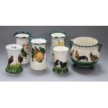 Five Wemyss vases and a cauldron in fruit, flower and chicken designs tallest 14.5cm