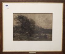 Frank Mura (1861-1913), charcoal drawing, river scene, signed with labels verso, 26 x 37cm