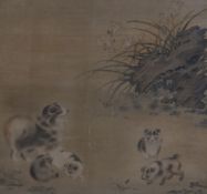 A 19th century Japanese painting on silk of a dog with puppies, 25 x 25cm