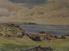 John R Nicholson, watercolour, coastal landscape, signed, 27 x 37cm