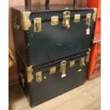 Two metal bound leather travelling trunks W.92cm