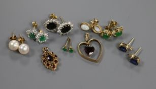 Seven assorted pairs of ear studs including gold and two 9ct gold pendants.