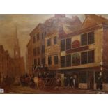 19th century English Schooloil on canvasStagecoach leaving The Cock and Magpie Inn56 x 76cm,