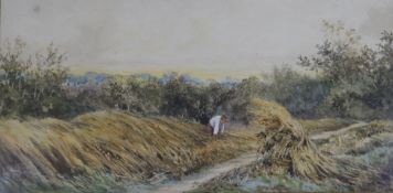 19th century English School, watercolour, harvester in a landscape, 15 x 29cm