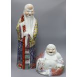 A large Chinese famille rose figure of Shou Lao and a similar figure of Budai tallest 61cm