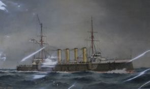 Mackenzie Thomson, pencil and watercolour, steam and sail battleship at sea, signed, 29 x 49cm,