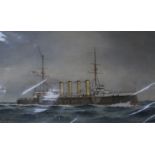 Mackenzie Thomson, pencil and watercolour, steam and sail battleship at sea, signed, 29 x 49cm,