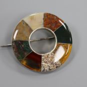 A white metal and Scottish hardstone circular brooch, brooch 48mm.