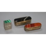 A sterling silver and malachite pill box and two 19th century gilt metal and agate boxes.