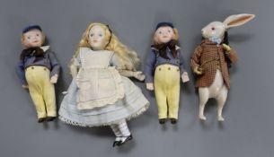 Jane Davis miniature dolls: Tweedle-Dum, Tweedle-Dee, Alice and The White Rabbit