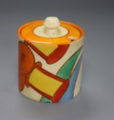 A Clarice Cliff Bobbins preserve pot and cover height 9cm