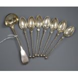 Seven 800 continental white metal spoons and a William IV Scottish silver toddy ladle, Edinburgh,