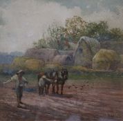 Oliver Baker (1856-1939), watercolour, farmer working the fields, signed, 18 x 19cm