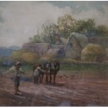 Oliver Baker (1856-1939), watercolour, farmer working the fields, signed, 18 x 19cm