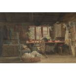Ellen Wilkinson, watercolour, cottage interior, signed and dated 1897, 35 x 50cm