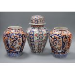 A Japanese enamelled vase and cover and a pair of Imari jars tallest 28cm