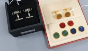 A Dupont gold-plated and enamel 'alligator' cufflink set and a pair of Seven, London black onyx