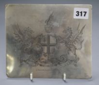 A silver plaque engraved J Clare 1843, Arms of the City of London 18 x 16cm
