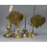 Two Spanish brass oil lamps, a pounce pot and three other items tallest 39cm