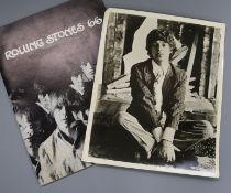 Mick Jagger, 1960's signed photograph with a 1966 Rolling Stones programme and a leaflet. 25 x