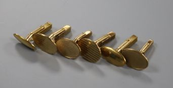 Three pairs of 9ct yellow gold oval cufflinks, 22.8g