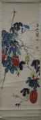 After Qi Baishi printed scroll of insects amid melons, image 95.5cm high, 32.5cm wide