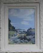 James W Ferguson, oil on canvas laid on board, figures in a coastal landscape, signed, 32 x 24cm