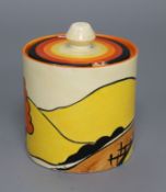 A Clarice Cliff House and Bridge preserve pot and cover height 9.5cm