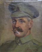 G E Butler, oil on canvas, portrait of an army officer, signed and dated 1916, 41 x 30cm, unframed