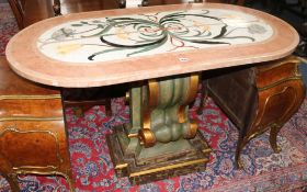 An Italian table with pietra dura oval marble top, raised on a gilt and green single scrolled