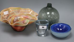 A French multi-coloured bowl, a Swedish Art glass vase and two other pieces largest 29.5cm