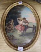 After Boucher, oil on panel, children playing and dancing, 38 x 28cm, framed to the oval