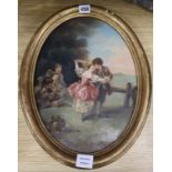 After Boucher, oil on panel, children playing and dancing, 38 x 28cm, framed to the oval