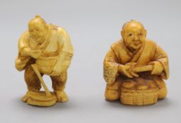 Two early 20th century Japanese ivory netsuke of street peddlers,