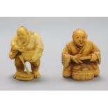 Two early 20th century Japanese ivory netsuke of street peddlers,