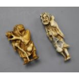 Two 19th/early 20th century Japanese netsuke of Gama Sennin holding a toad, in ivory and stag horn