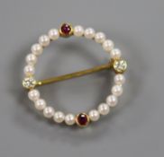 An 18ct yellow gold, pearl, ruby and diamond-set target brooch, 25mm.
