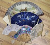 A Chinese figural fan another embroidered fan boxed and four others