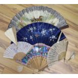 A Chinese figural fan another embroidered fan boxed and four others